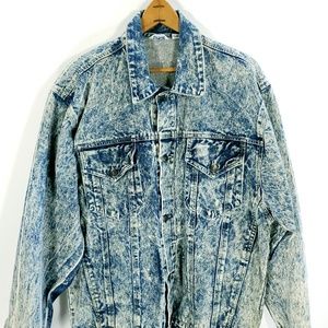 Vtg  Acid Wash Denim Jacket Womens Large Glitter Design First Concept Distressed